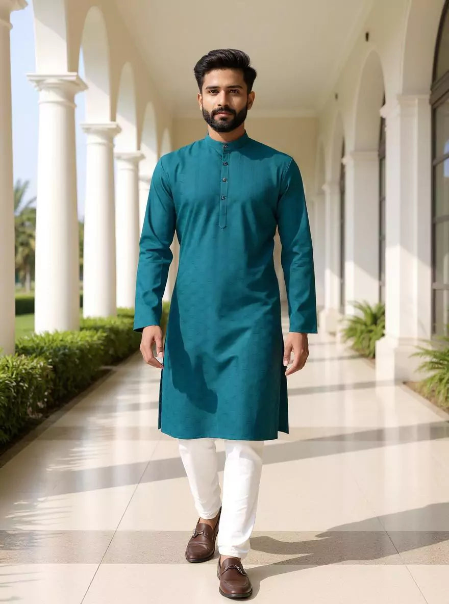 Image of Self Patterned Soft Cotton Weaving Kurta Pyjama Set