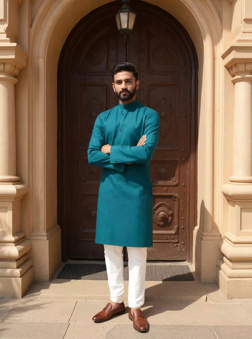 Image of Self Patterned Soft Cotton Weaving Kurta Pyjama Set
