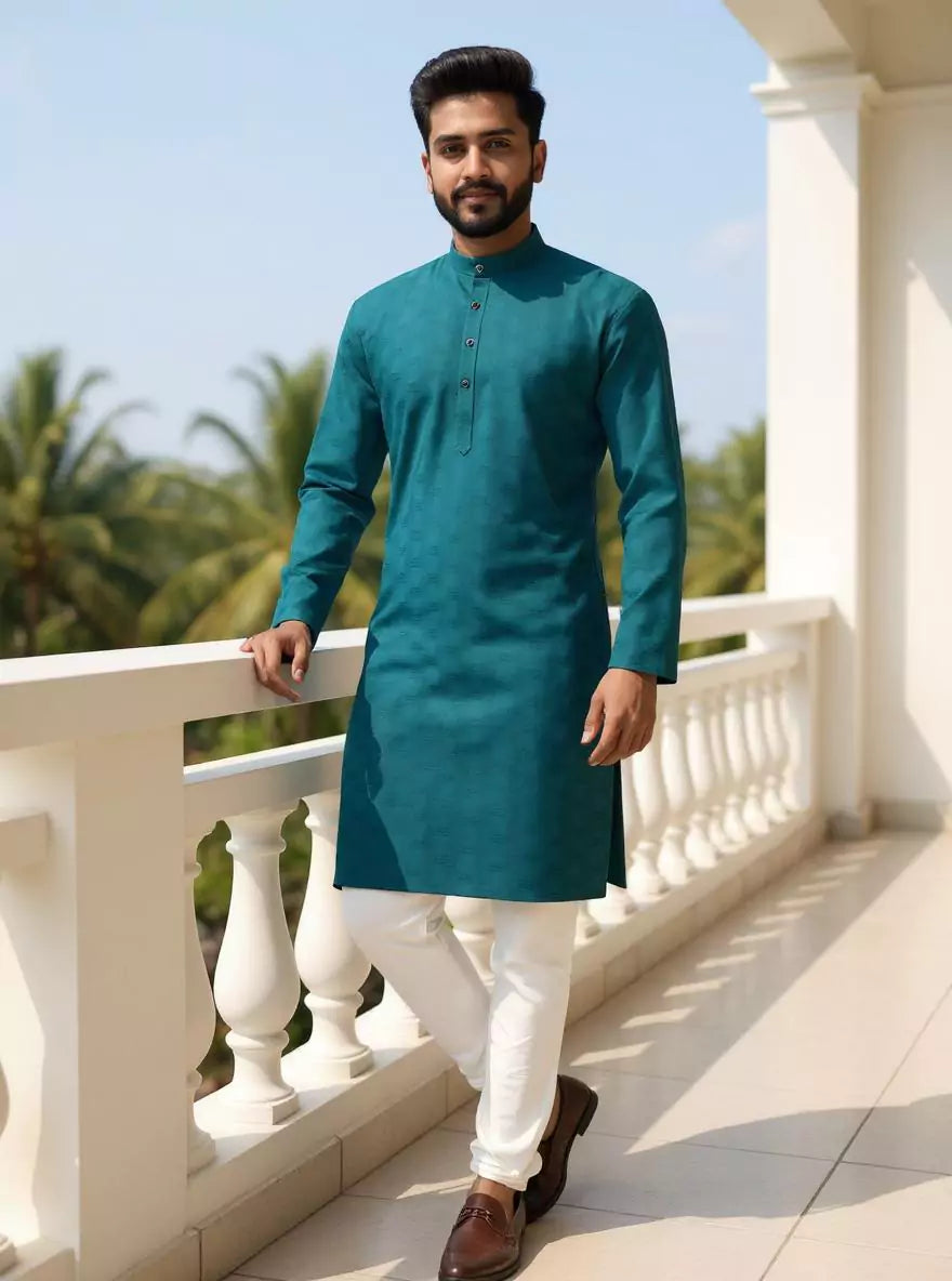 Image of Self Patterned Soft Cotton Weaving Kurta Pyjama Set