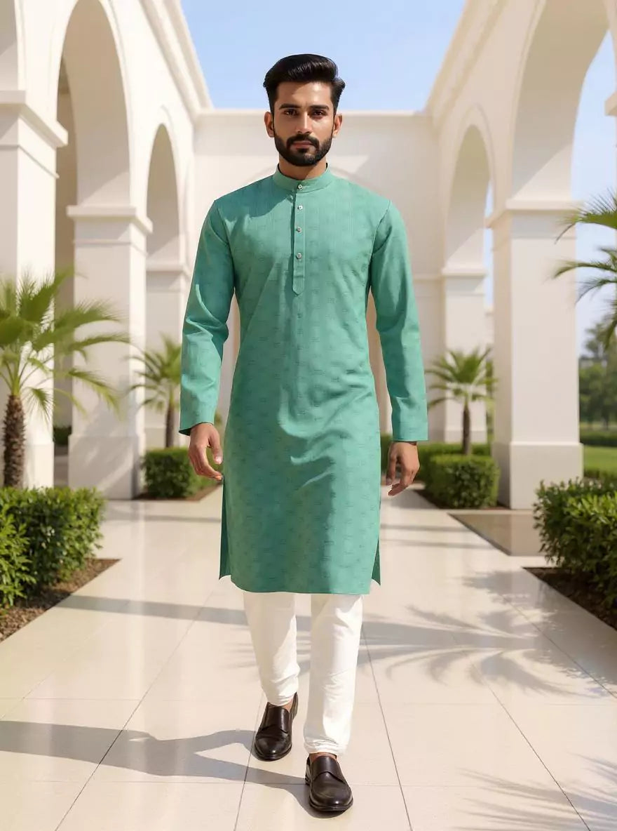 Image of Self Patterned Soft Cotton Weaving Kurta Pyjama Set