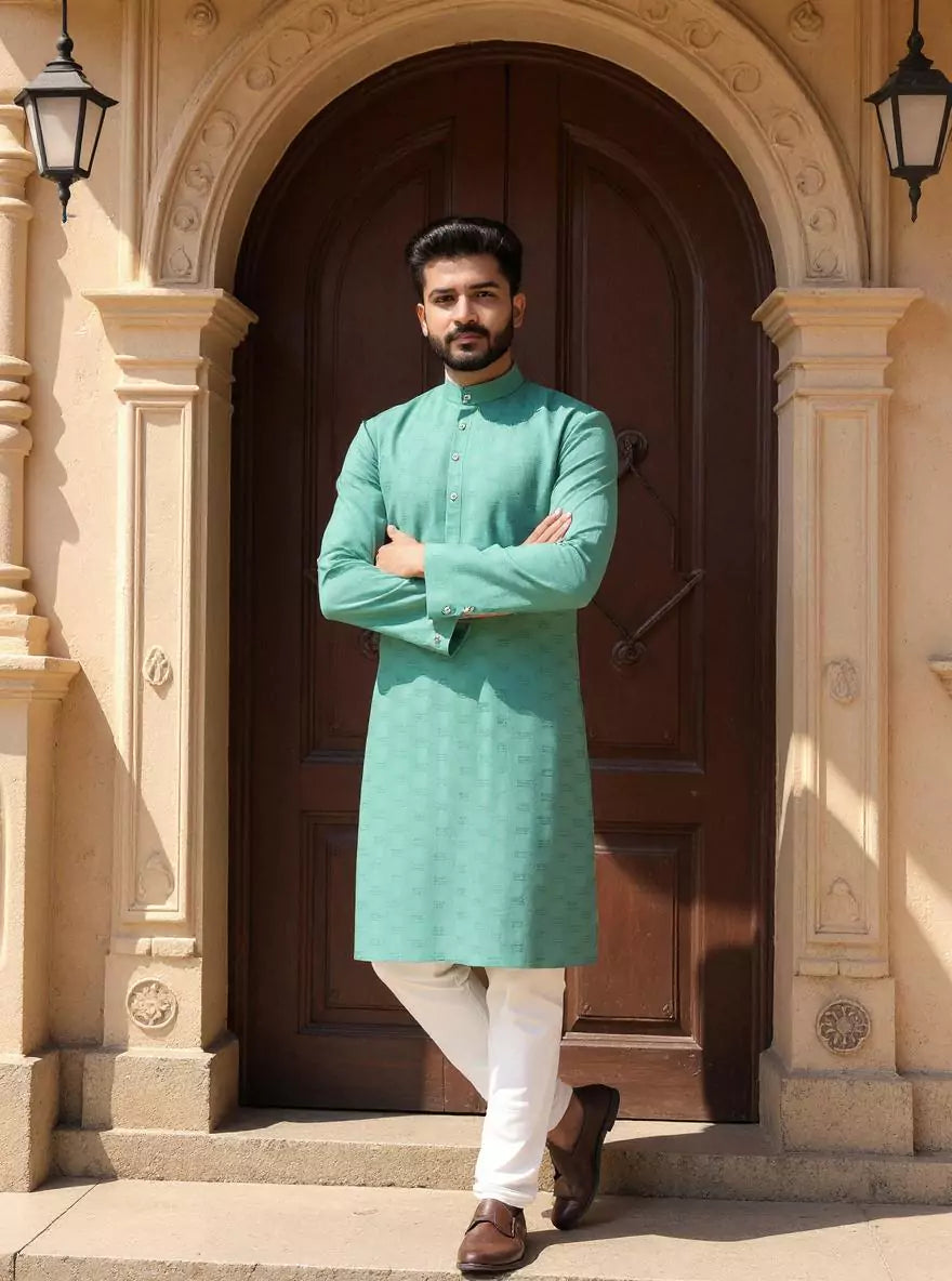 Image of Self Patterned Soft Cotton Weaving Kurta Pyjama Set