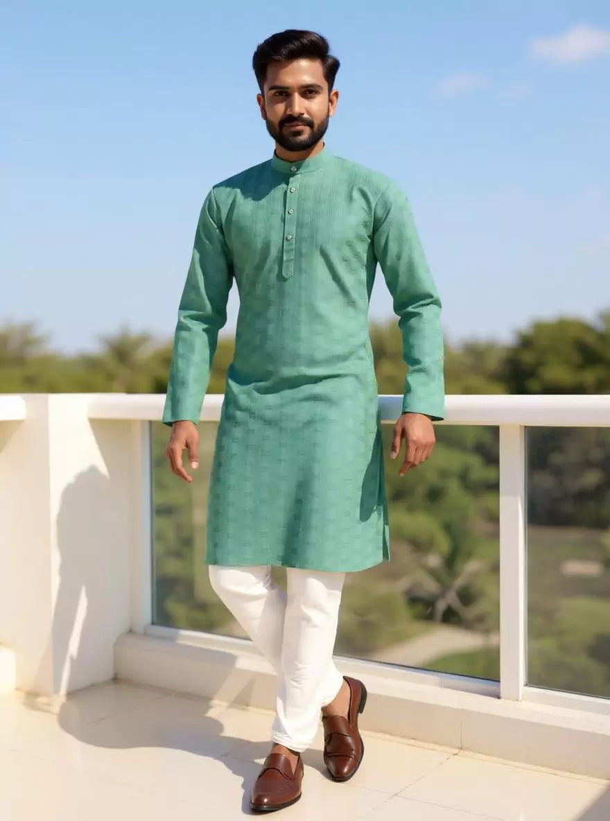 Image of Self Patterned Soft Cotton Weaving Kurta Pyjama Set