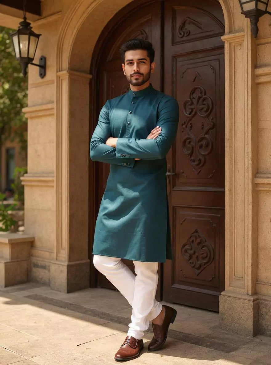 Image of Self Geometric Weaving Cotton Kurta with Pyjama