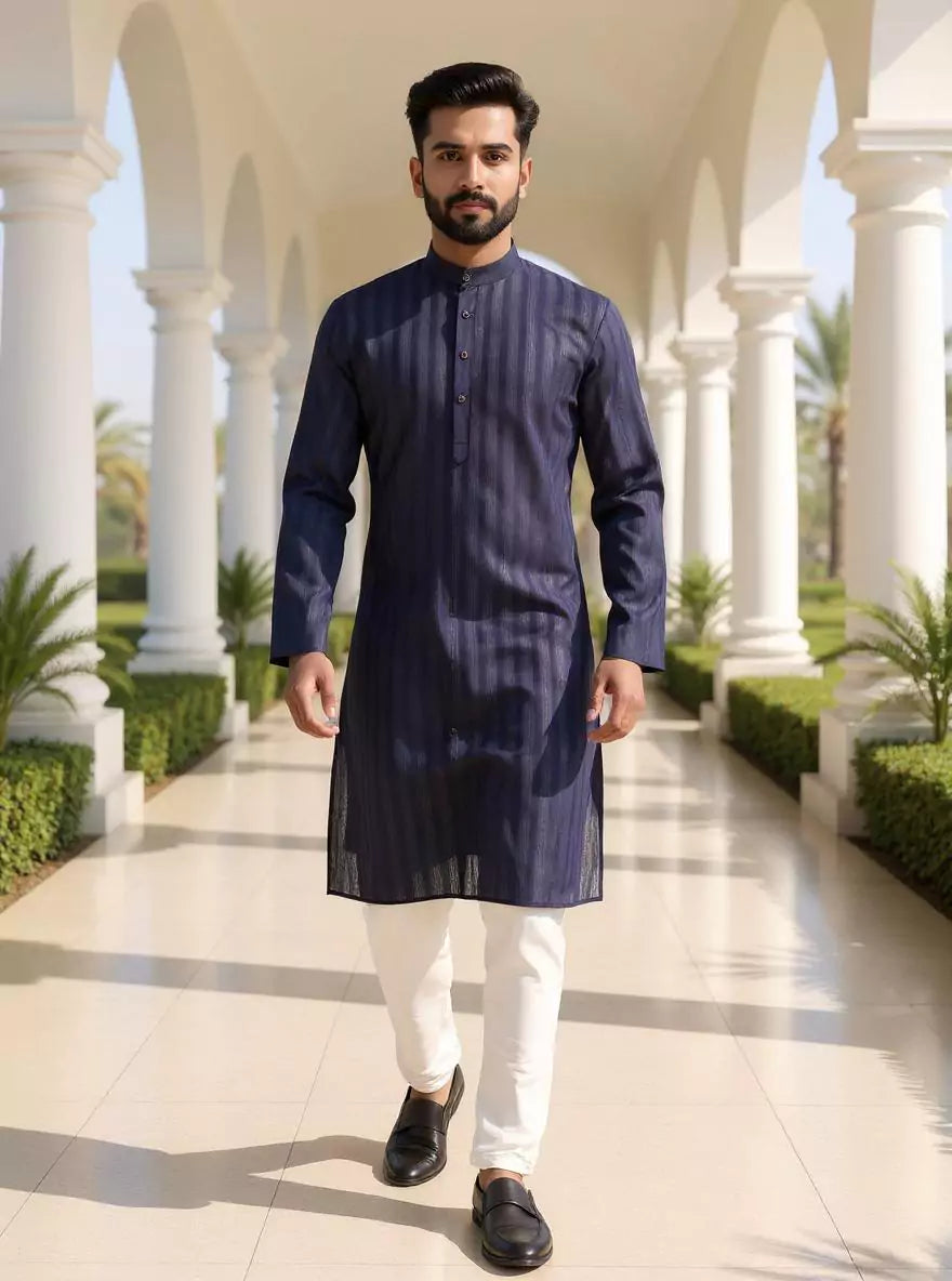 Image of Striped Patterned Cotton Kurta Pajama with Thread work