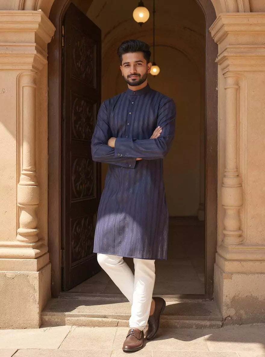 Image of Striped Patterned Cotton Kurta Pajama with Thread work