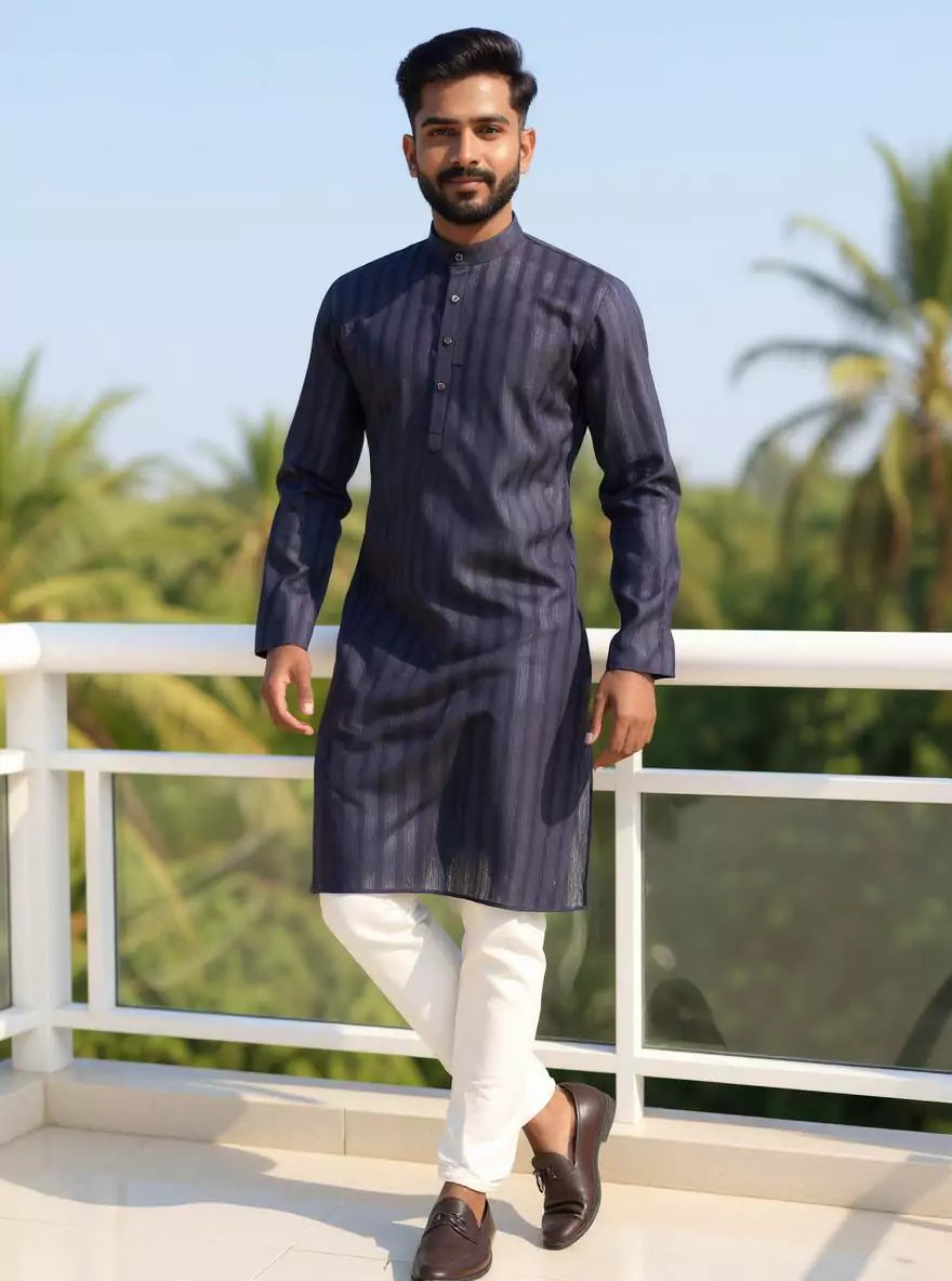 Image of Striped Patterned Cotton Kurta Pajama with Thread work