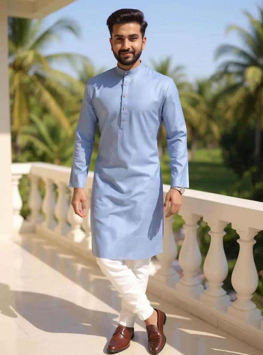 Image of Self Geometric Weaving Cotton Kurta with Pyjama