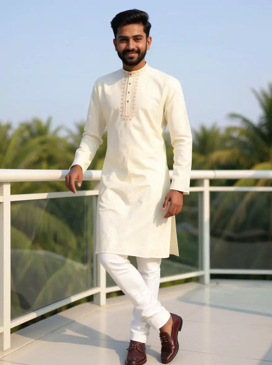Image of Cotton Plain Casual Kurta Pyjama Set