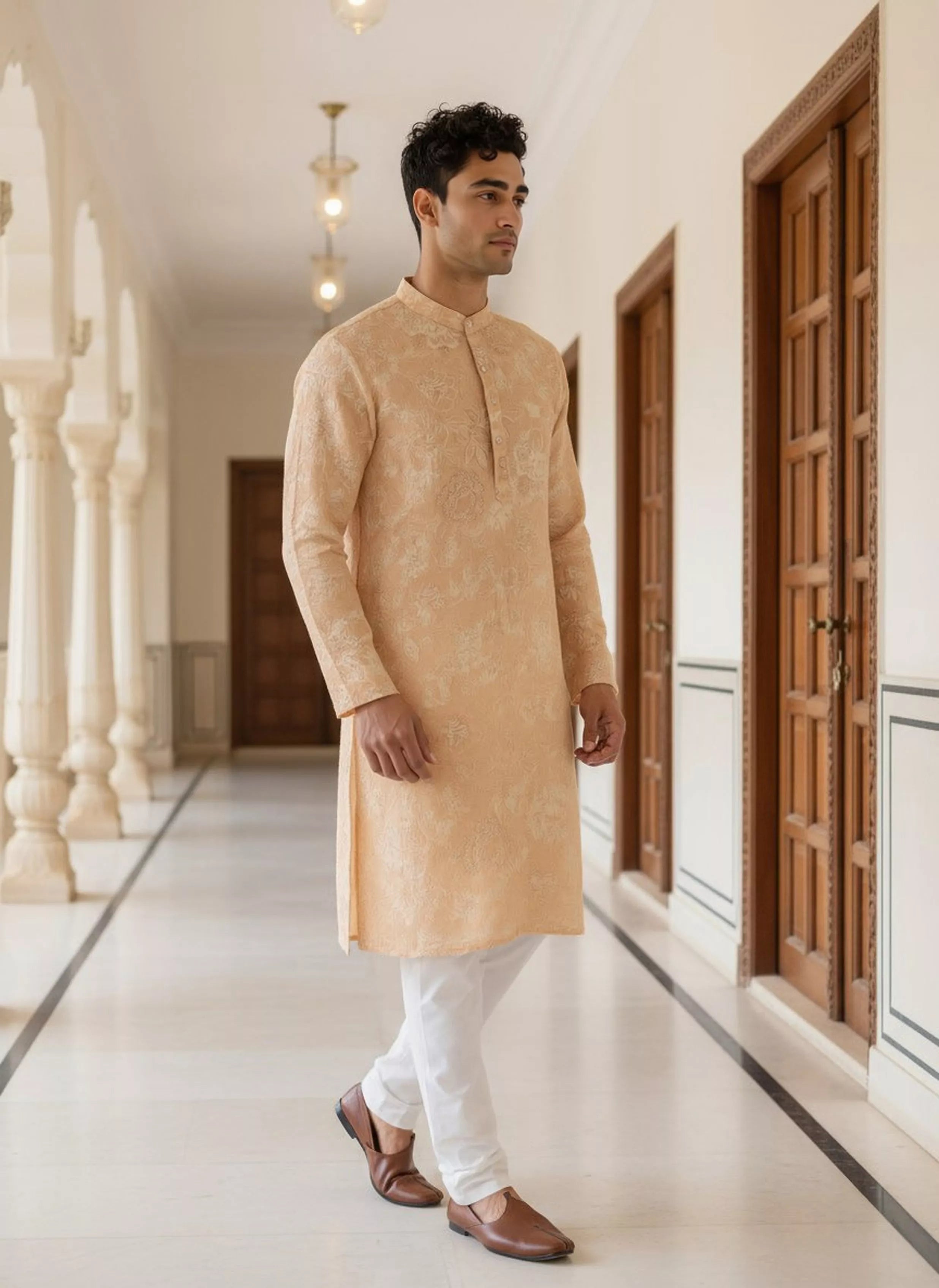 Floral Print Yellow Lenin Kurta Pyjama Set