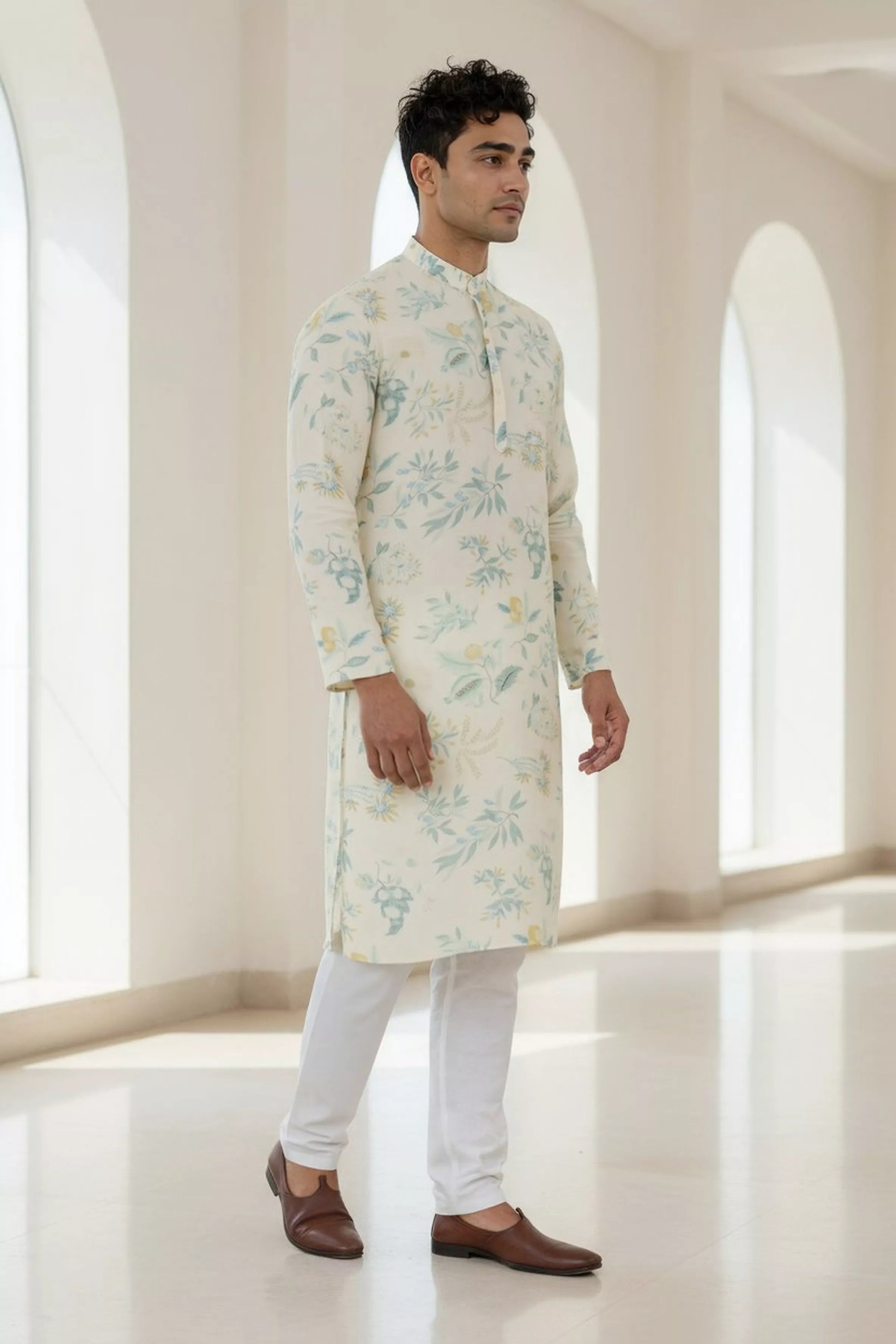 Image of Sky Colour Floral Printed Lenin Kurta Pyjama