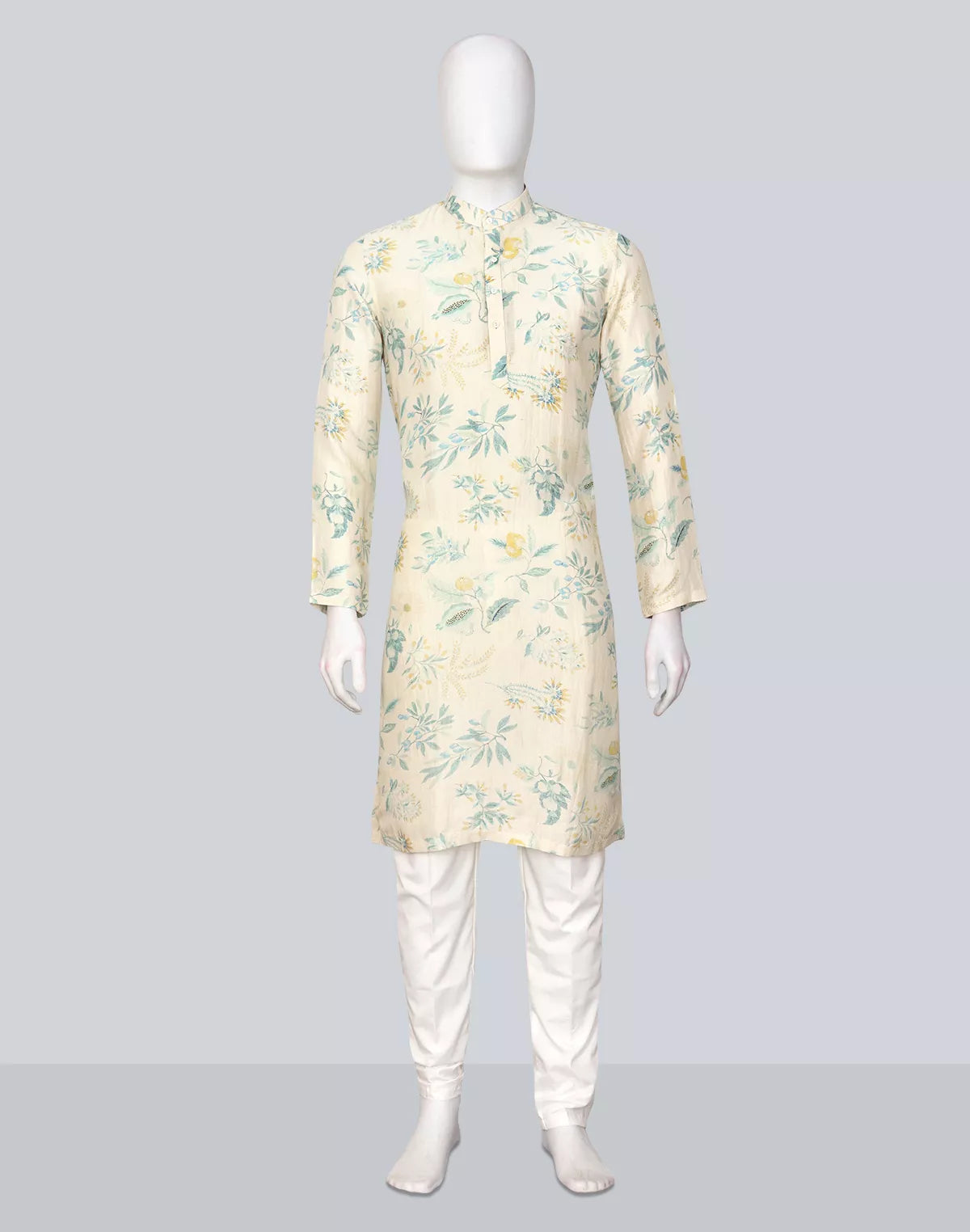 Image of Sky Colour Floral Printed Lenin Kurta Pyjama