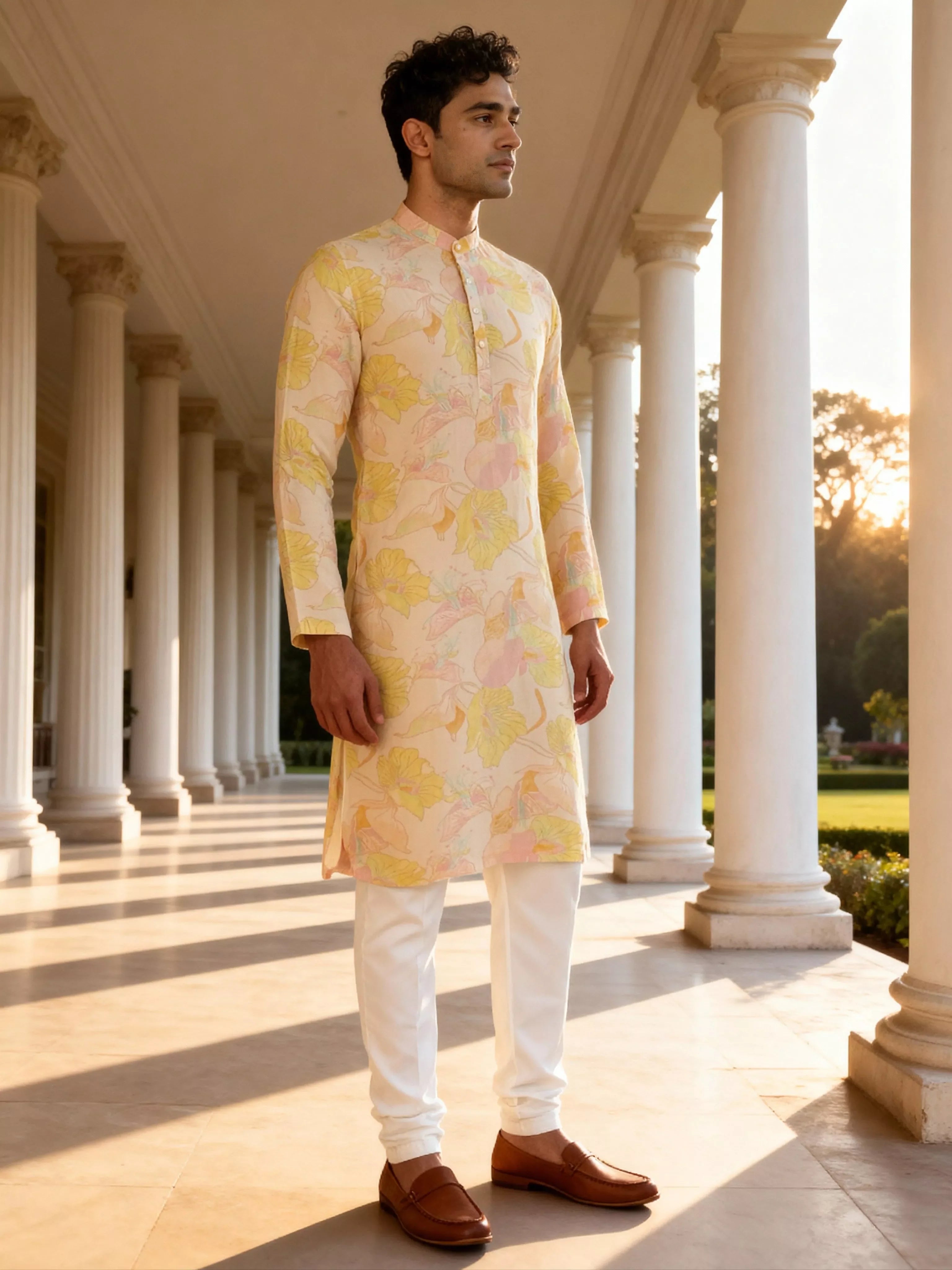 Image of Lemon Floral Printed Lenin Kurta Pyjama Set