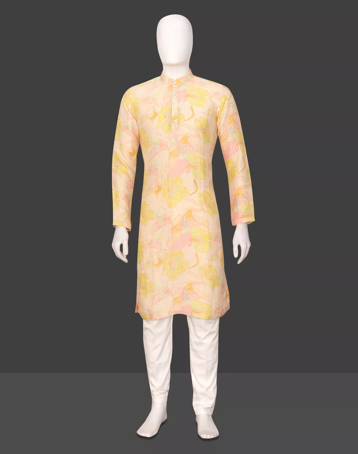Image of Lemon Floral Printed Lenin Kurta Pyjama Set