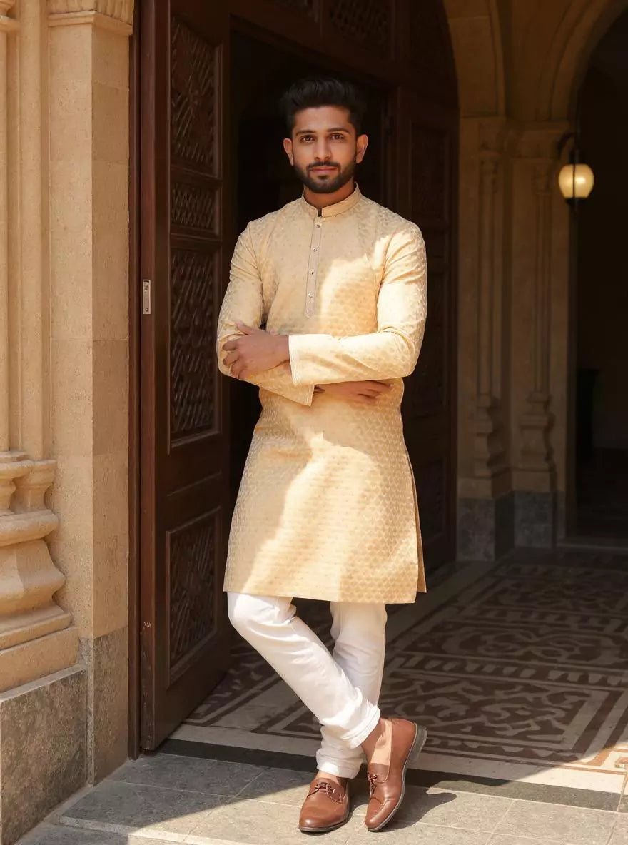 Image of Jacquard Floral Kurta and Pyjama Set