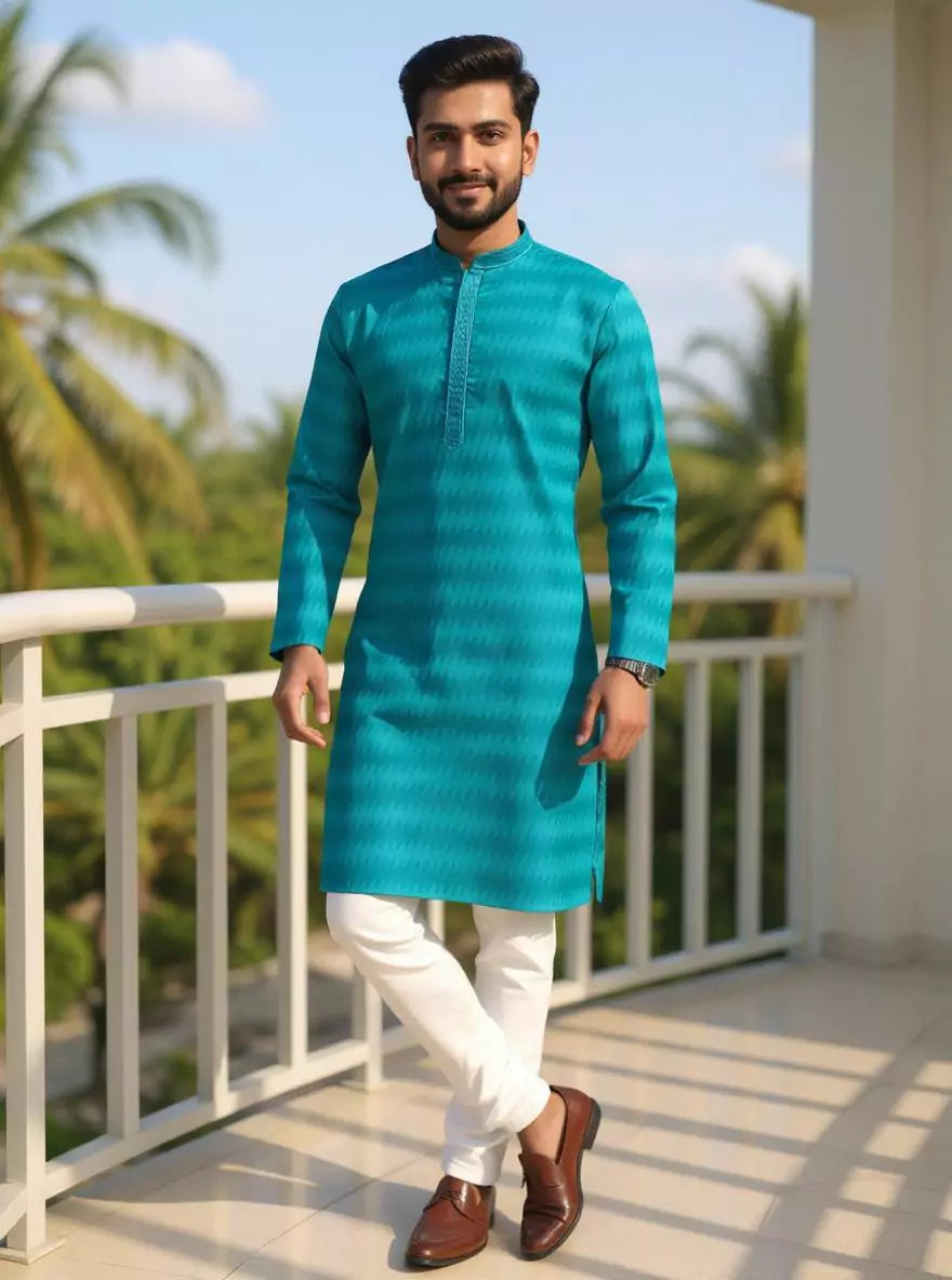 Image of Self Pattern Giza Cotton Kurta Pyjama