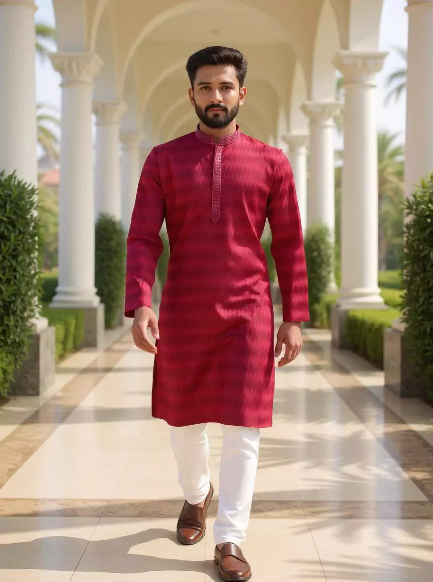 Image of Self Pattern Giza Cotton Kurta Pyjama