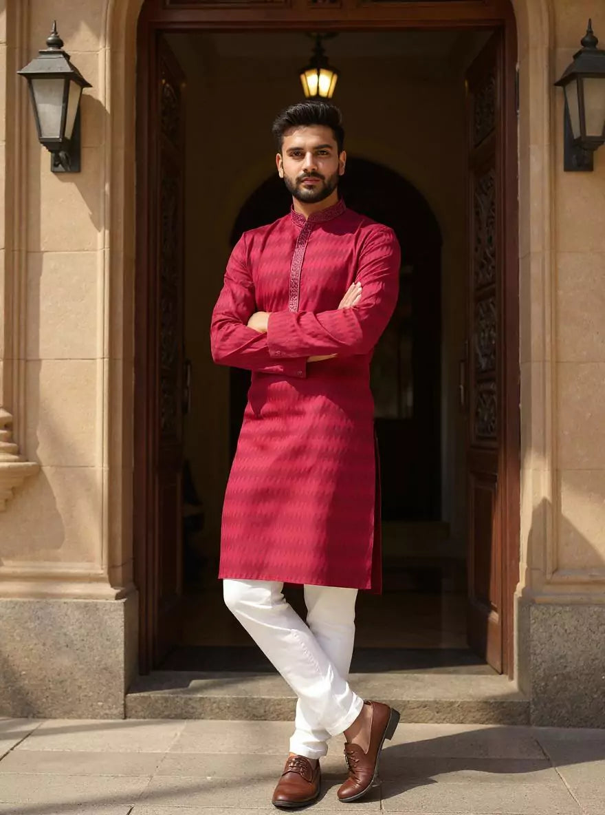 Image of Self Pattern Giza Cotton Kurta Pyjama