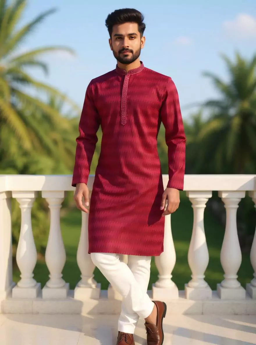 Image of Self Pattern Giza Cotton Kurta Pyjama