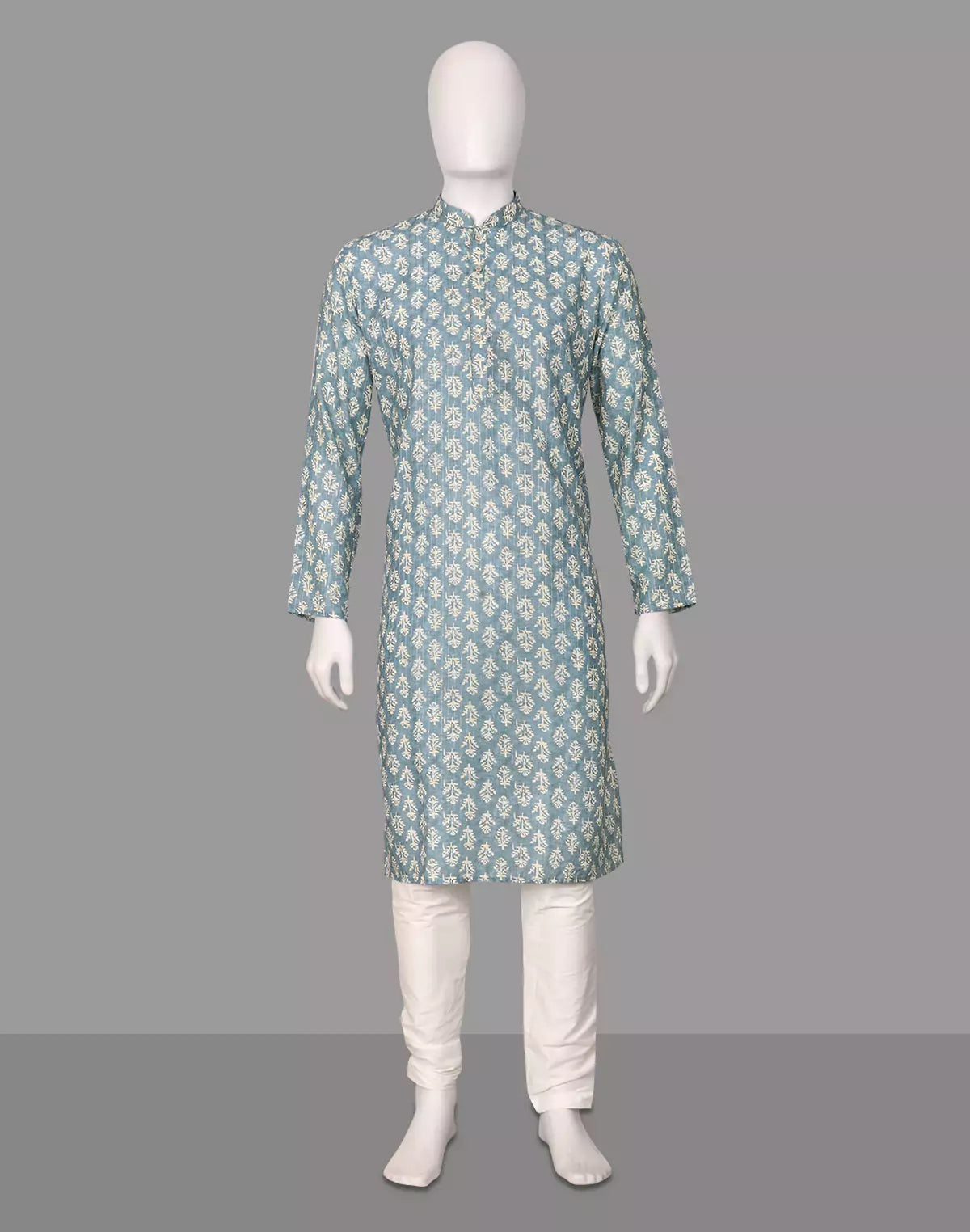 Image of Blue Floral Motifs Printed Cotton Kurta Pyjamas