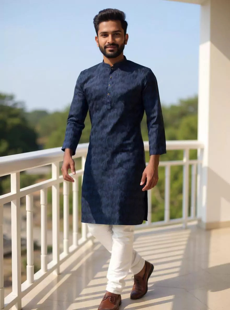 Navy Blue Graphic Weaving Cotton Kurta Pajama