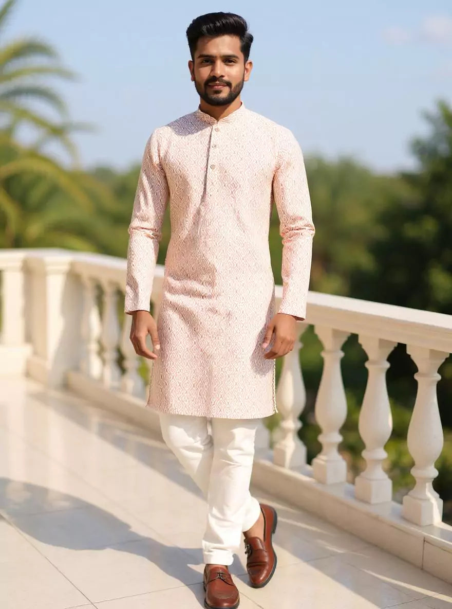 Pink Trellis Patterned Cotton Kurta with Pyjama Set