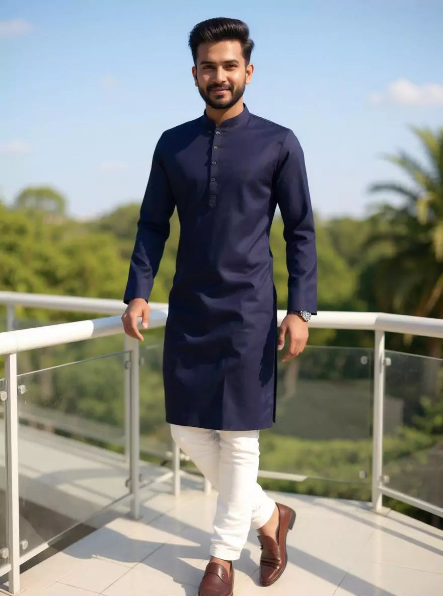 Blue Self Woven Design Cotton Kurta Pyjama Set