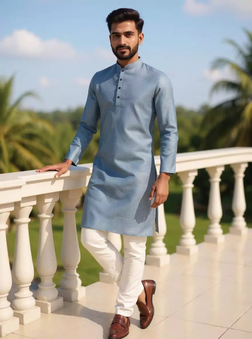 Image of Grey Self Design Men's Cotton Kurta with Pyjama Set