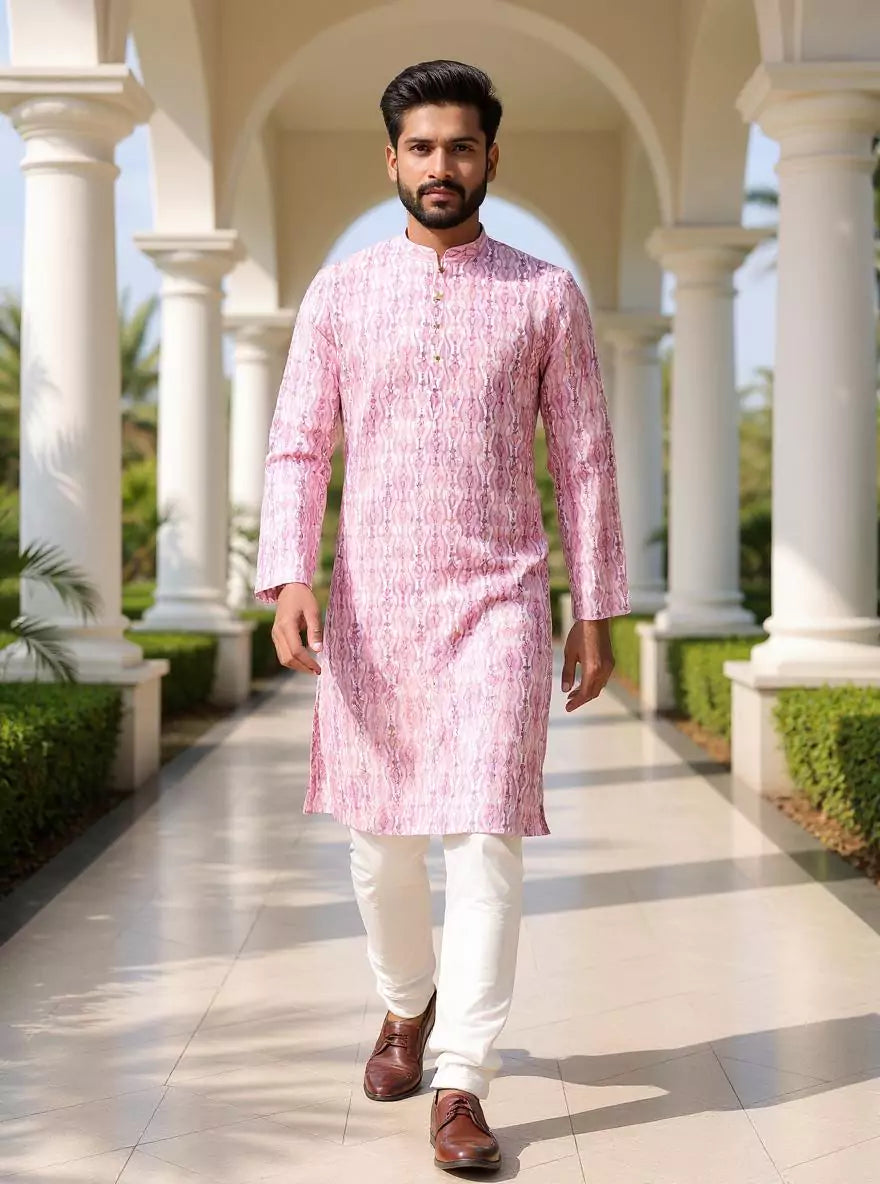 Image of Floral Printed Cotton Kurta with Pyjama Set