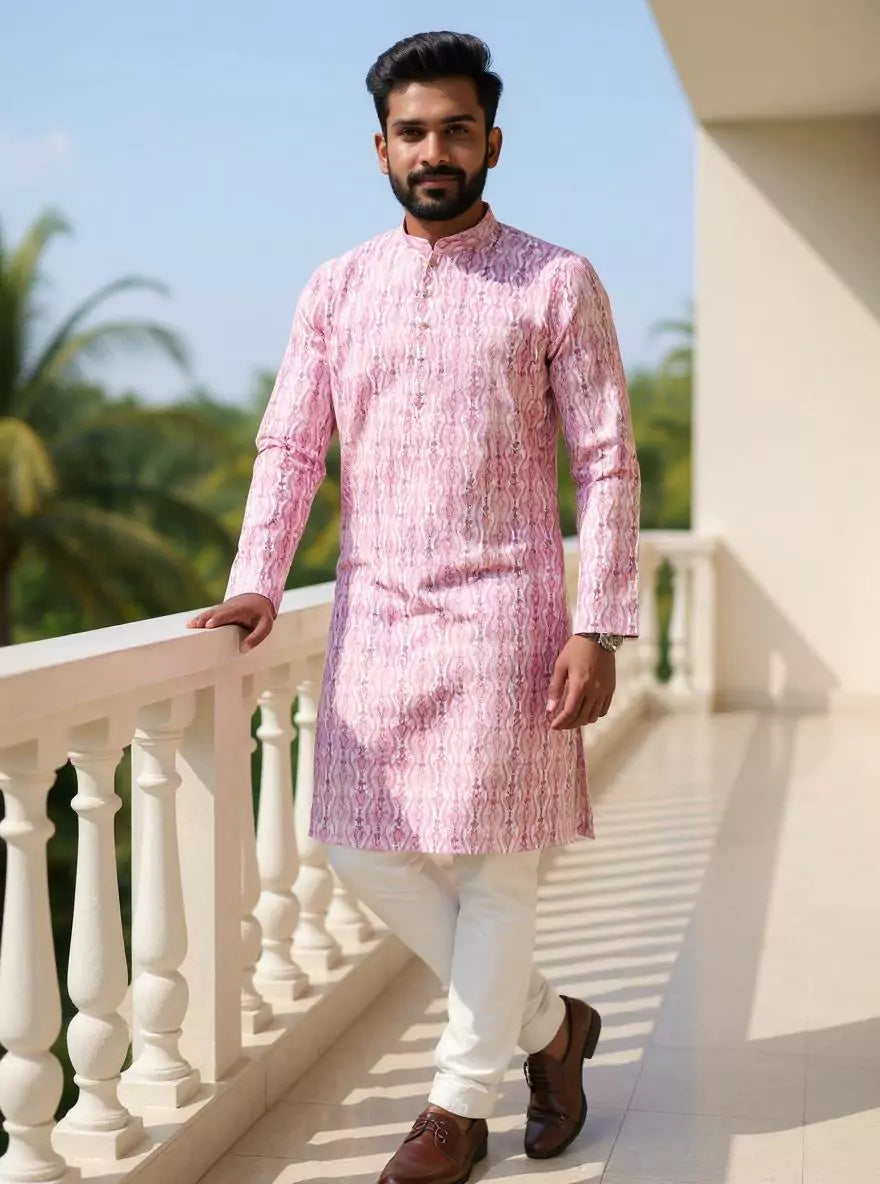 Image of Floral Printed Cotton Kurta with Pyjama Set