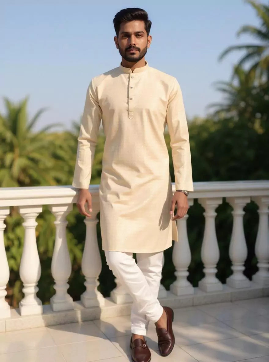 Image of Self Design Cotton Straight Men Kurta Pyjama