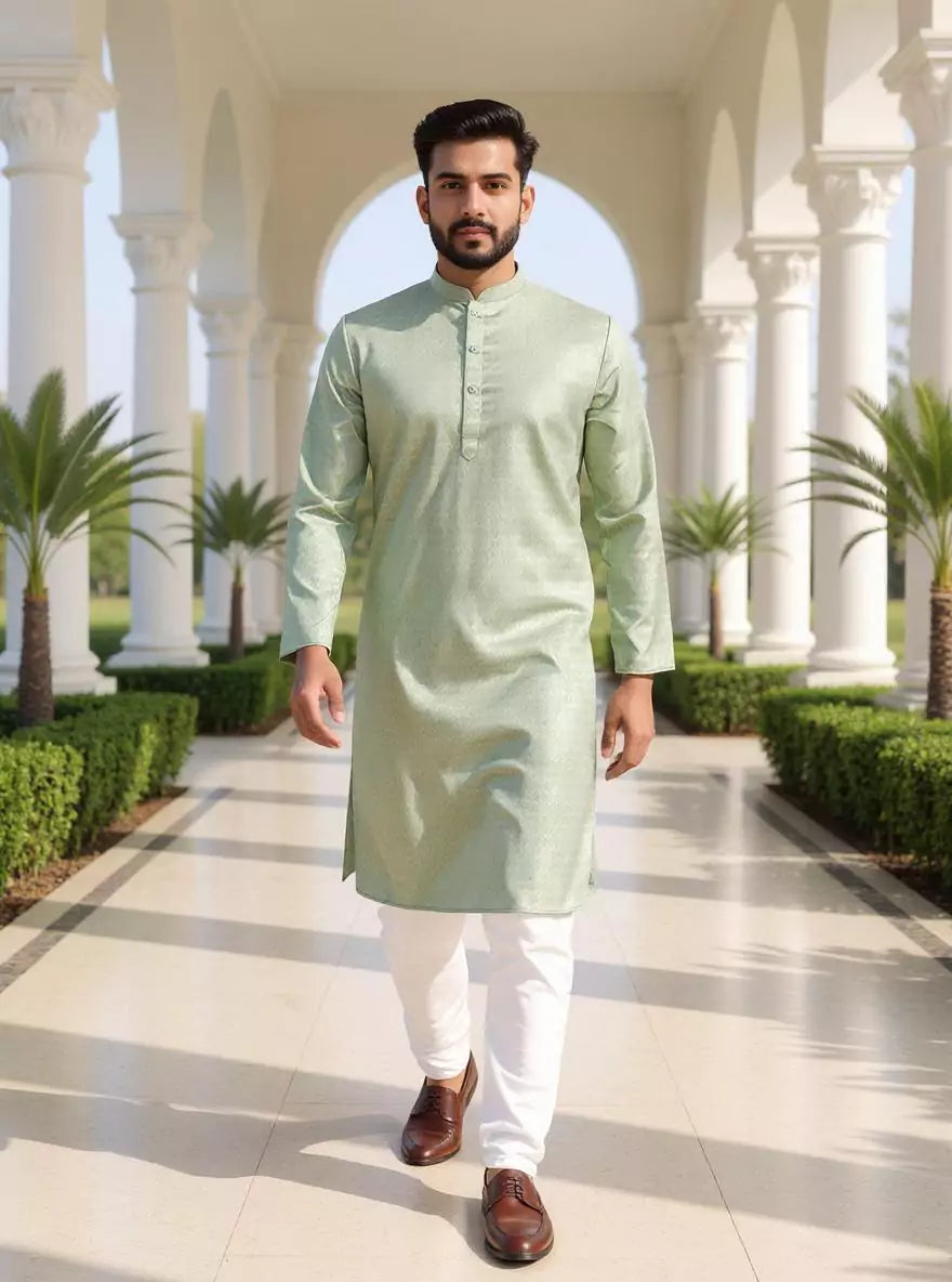 Image of Self Design Cotton Straight Men Kurta Pyjama