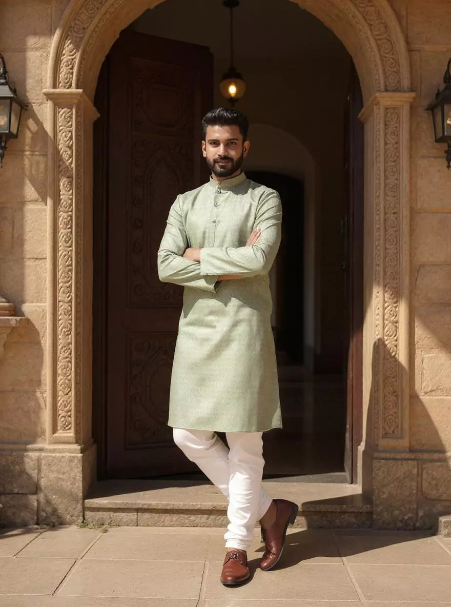 Image of Self Design Cotton Straight Men Kurta Pyjama