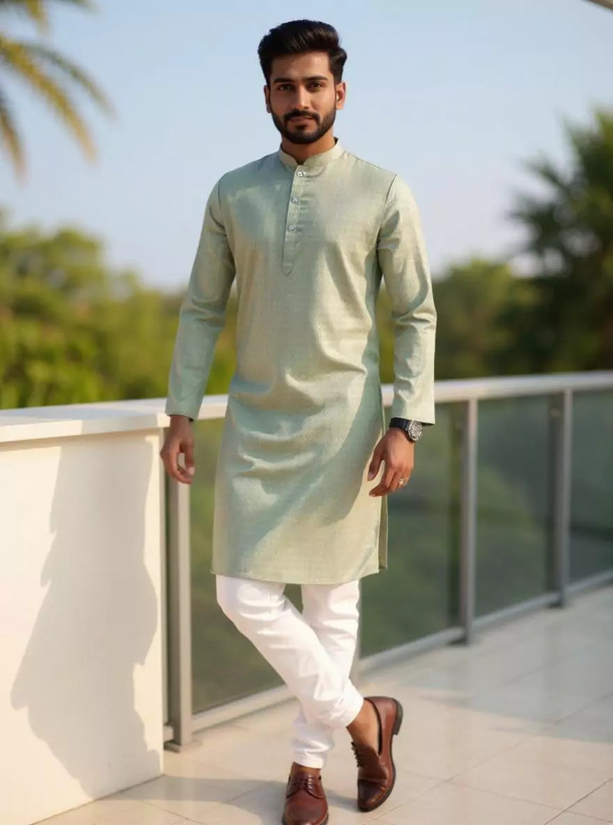 Image of Self Design Cotton Straight Men Kurta Pyjama
