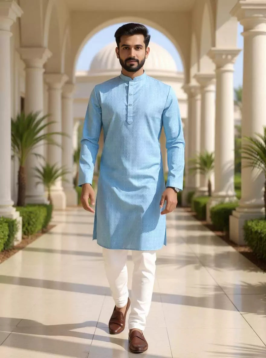 Image of Men's Self Weaving Design Cotton Kurta Pajama Set