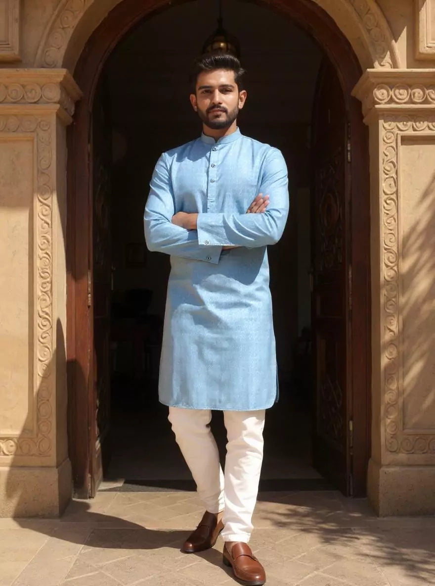 Image of Men's Self Weaving Design Cotton Kurta Pajama Set