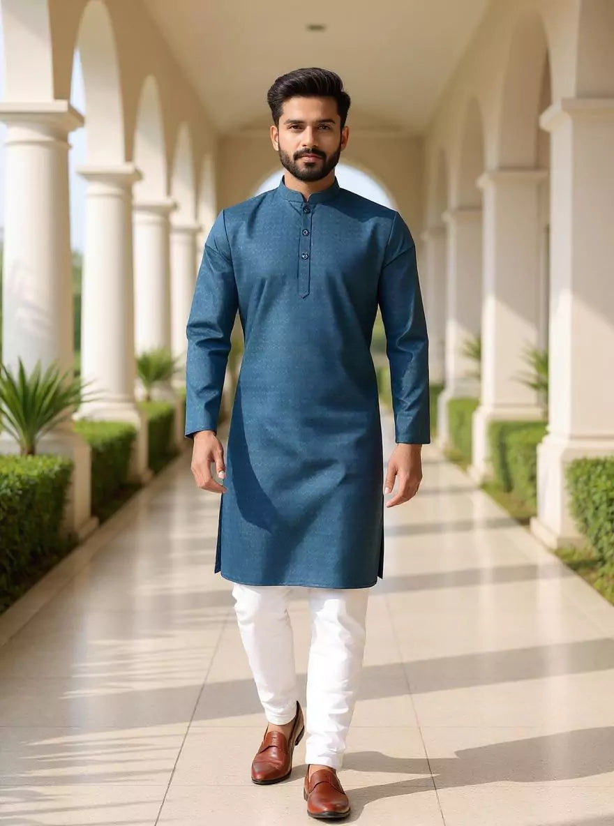 Image of Men's Self Weaving Design Cotton Kurta Pajama Set