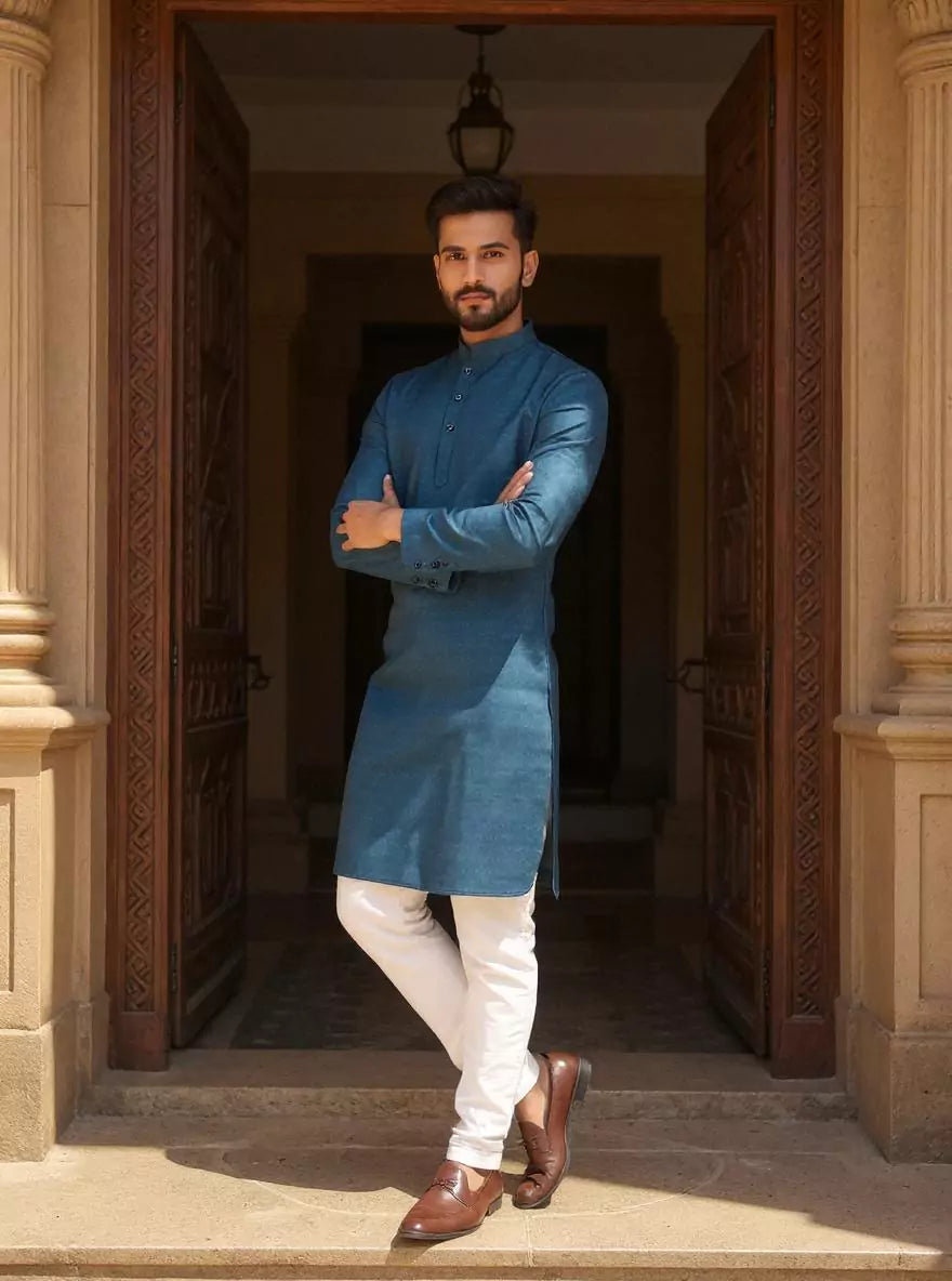 Image of Men's Self Weaving Design Cotton Kurta Pajama Set