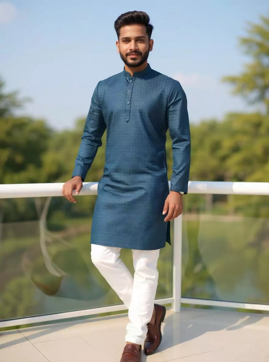 Image of Men's Self Weaving Design Cotton Kurta Pajama Set
