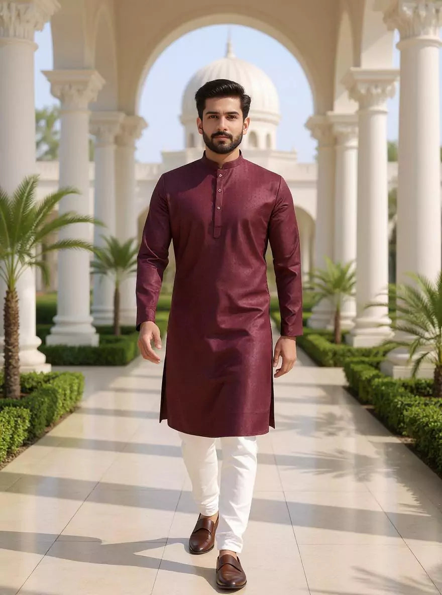 Image of Men's Self Weaving Design Cotton Kurta Pajama Set