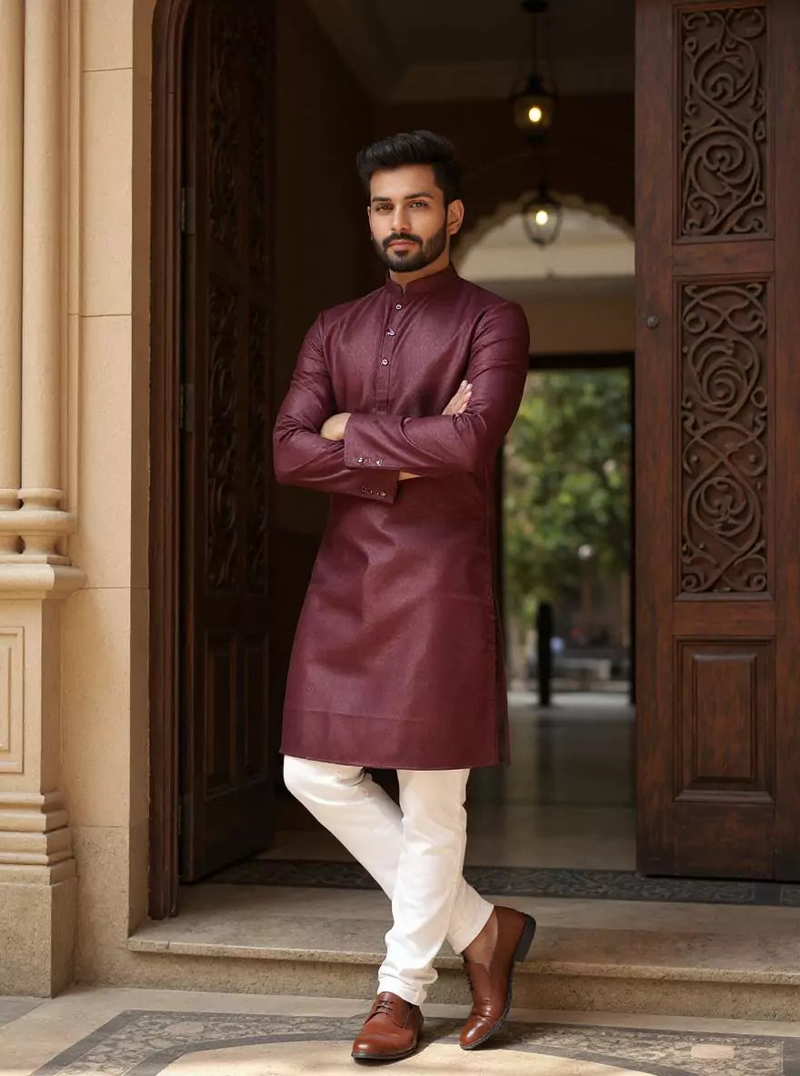 Image of Men's Self Weaving Design Cotton Kurta Pajama Set