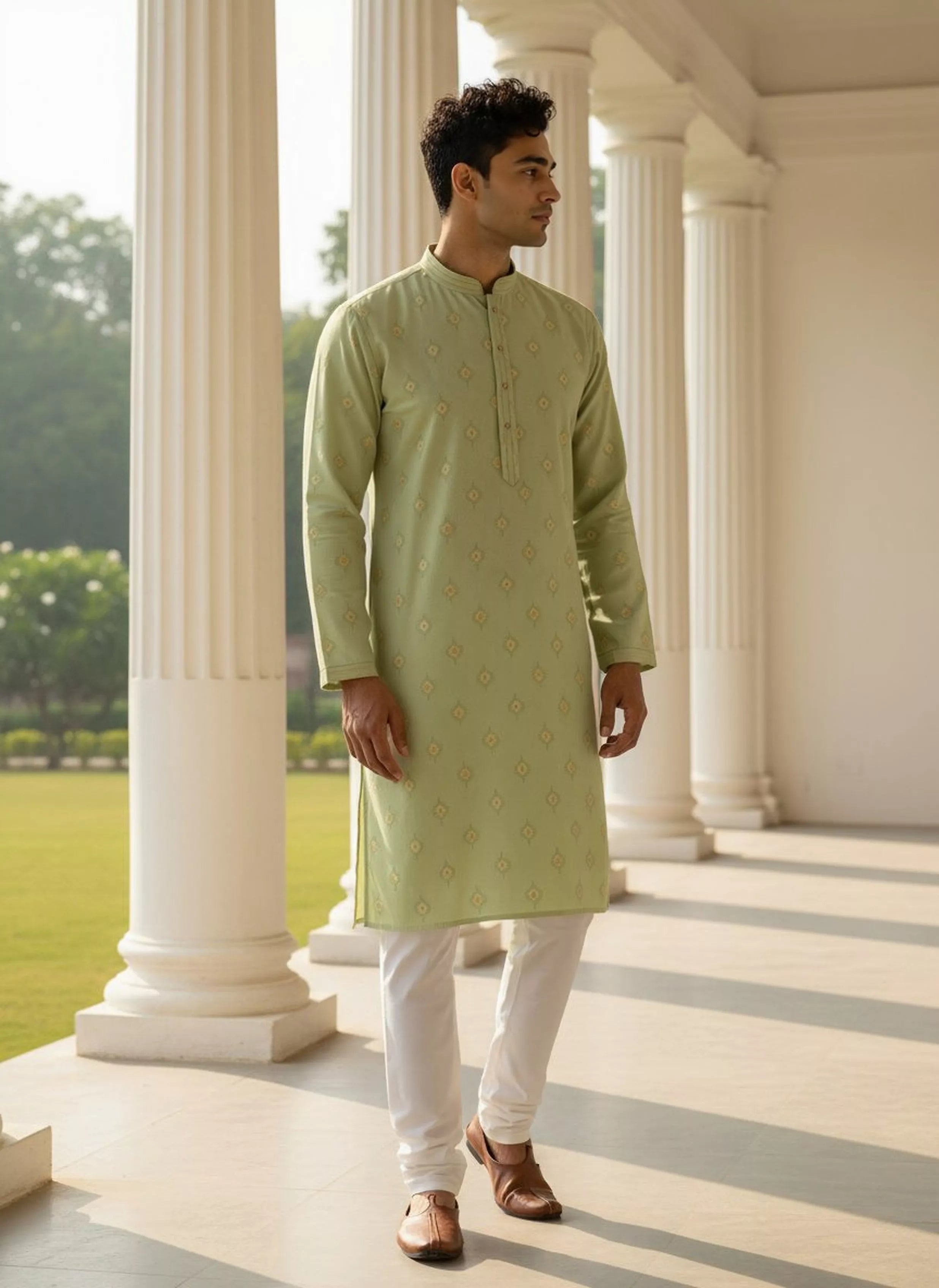 Image of Floral Motifs Pista Coloured Cotton Kurta Pyjamas