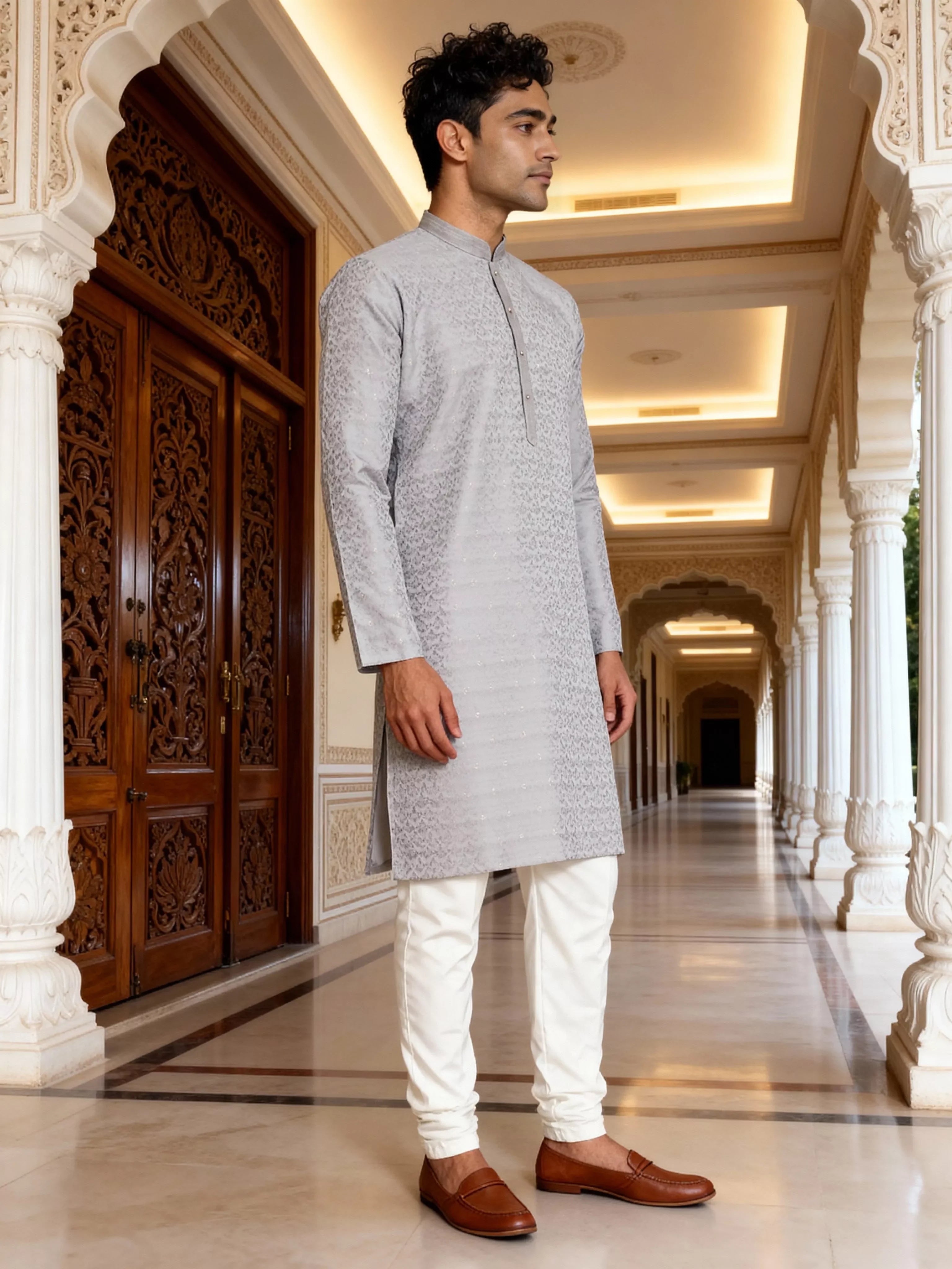 Grey Self Design Jacquard Party Wear Kurta Pyjama Set