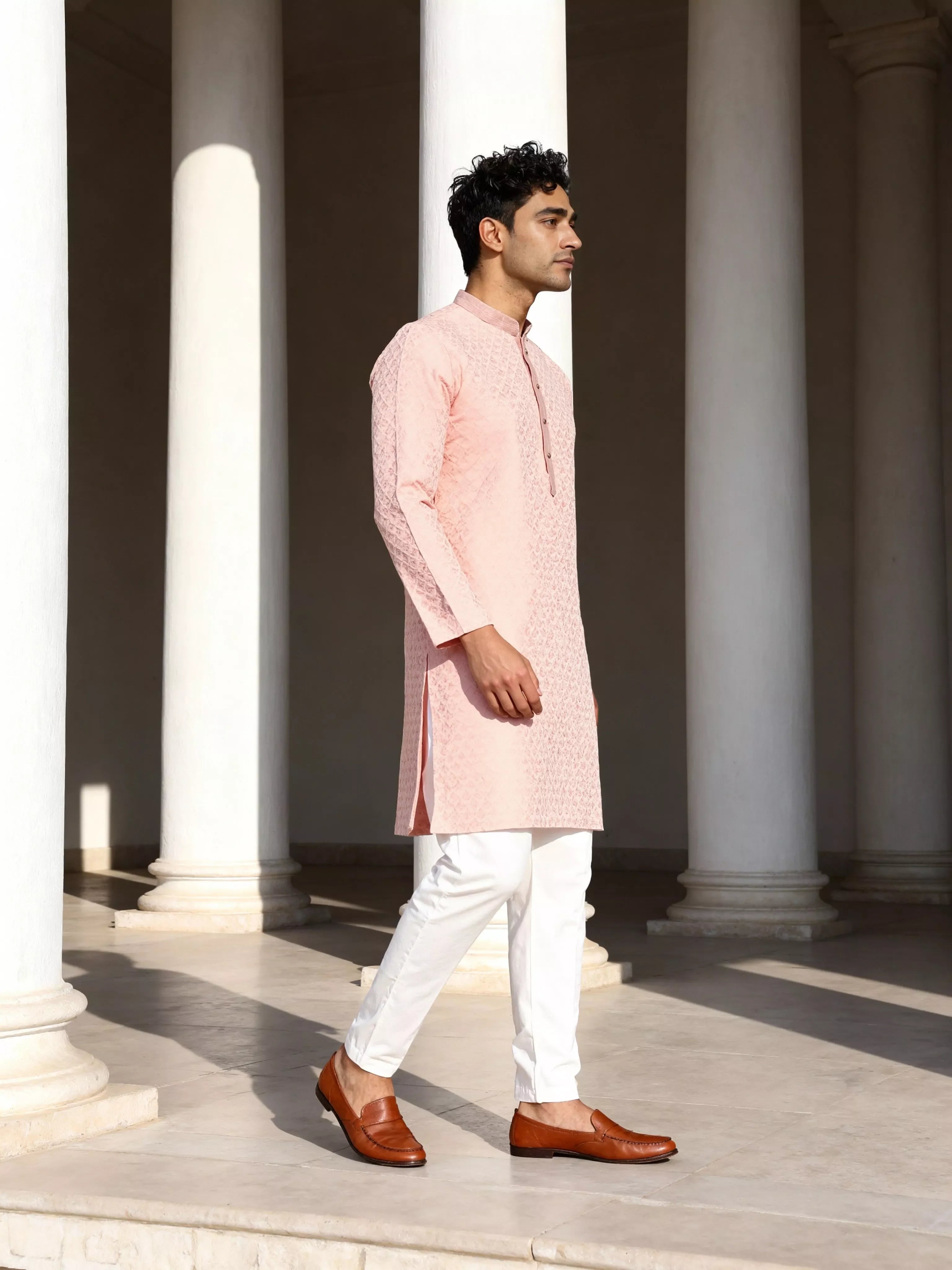 Image of Peach Self Design Jacquard Party Wear Kurta Pyjama Set