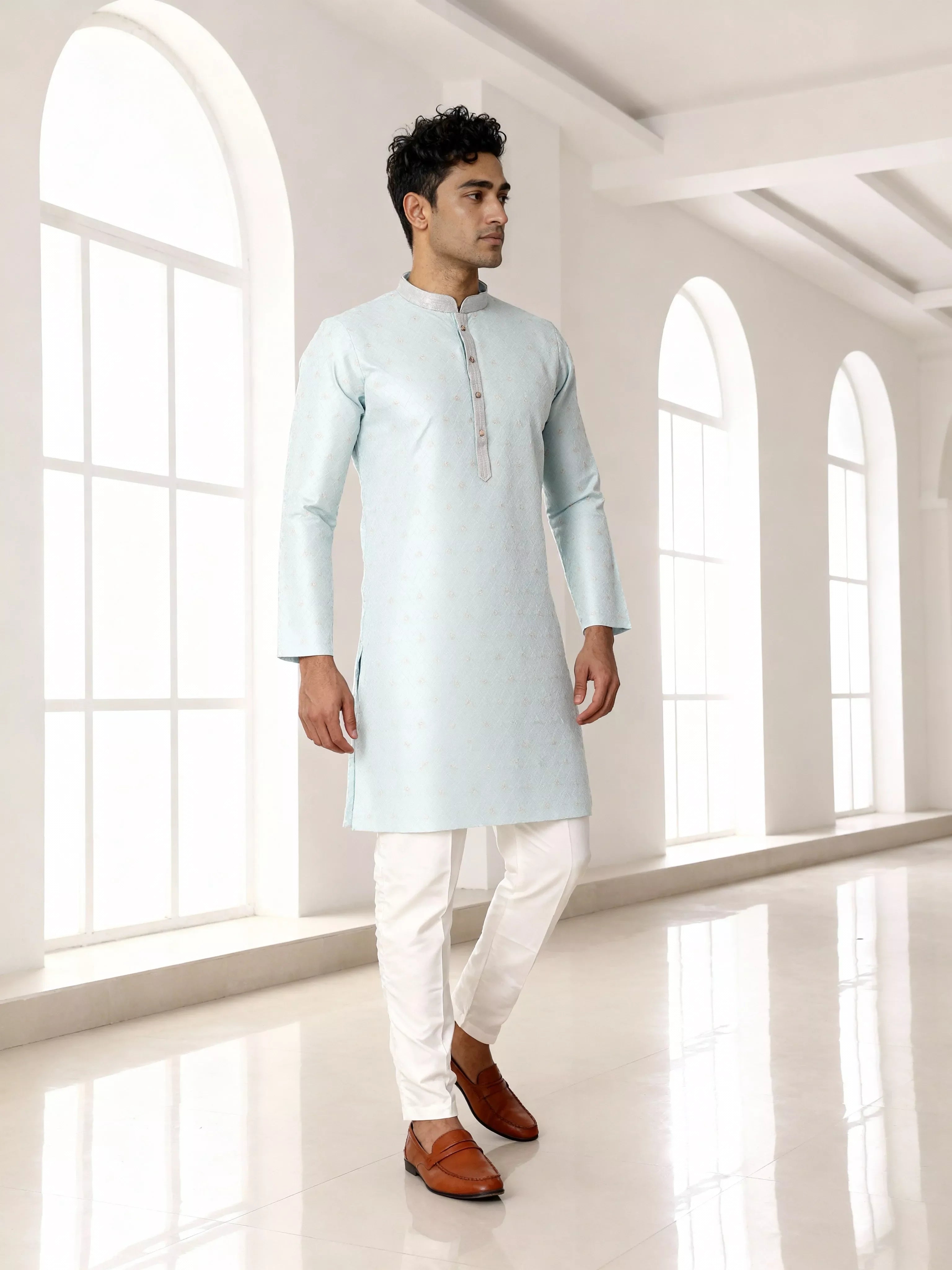 Image of Self Design Jacquard Sky Colour Kurta Pyjama Set