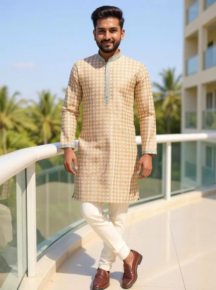 Sea Green Brocade Design Raw Silk Kurta Pyjama Set