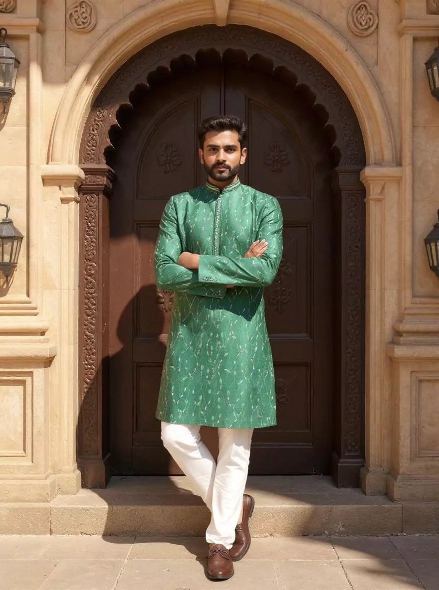 Image of Floral Embroidered Raw Silk Party Wear Kurta Pajama