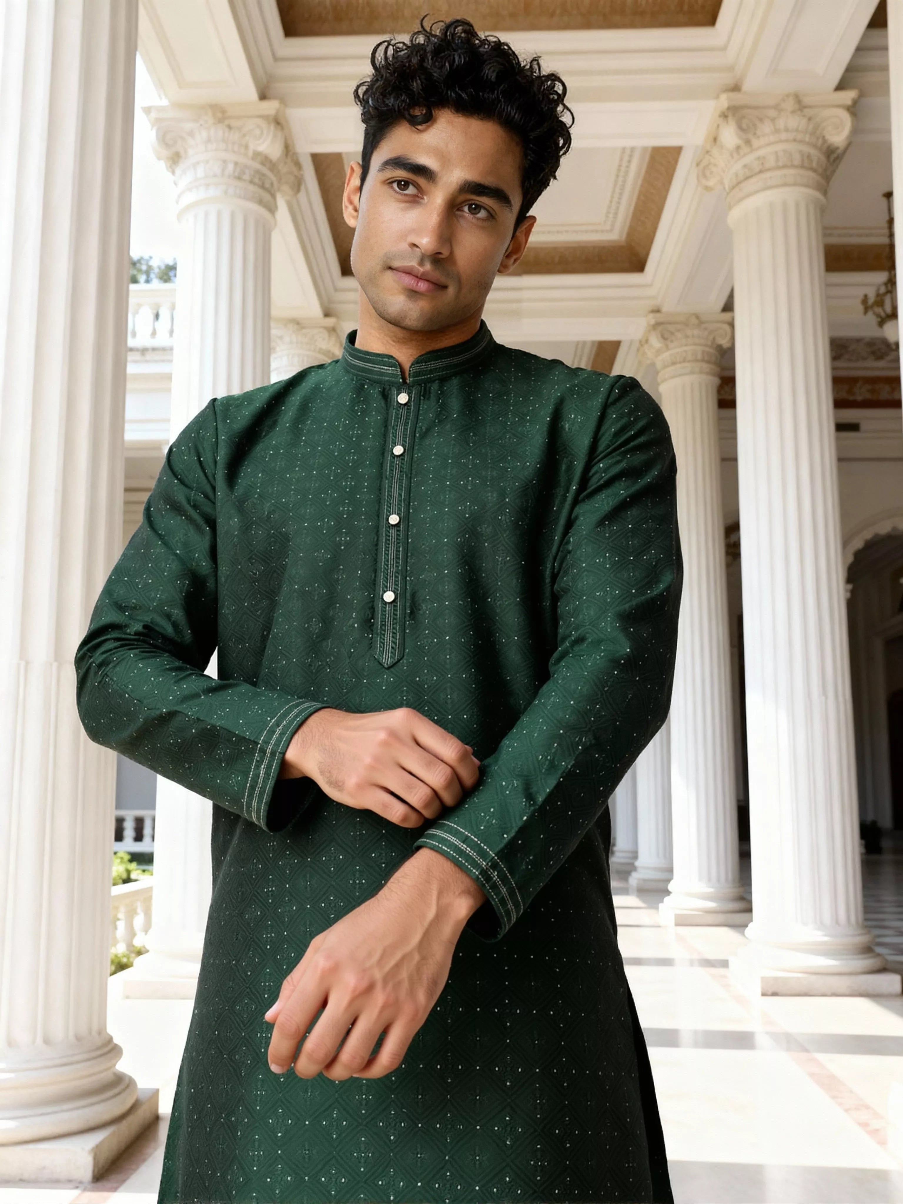 Image of Self Patterned Jacquard Kurta Pyjama Set for Men