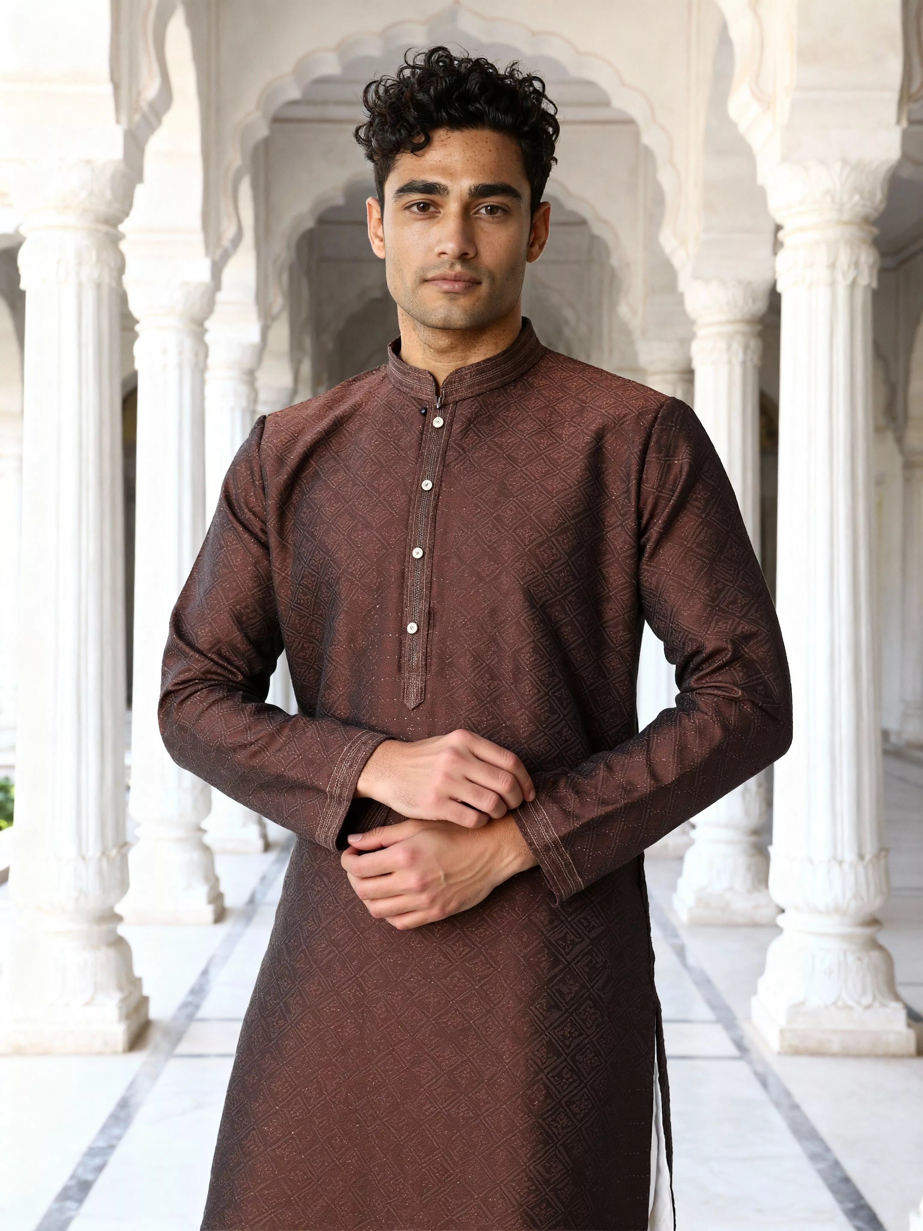 Self Patterned Jacquard Kurta Pyjama Set for Men