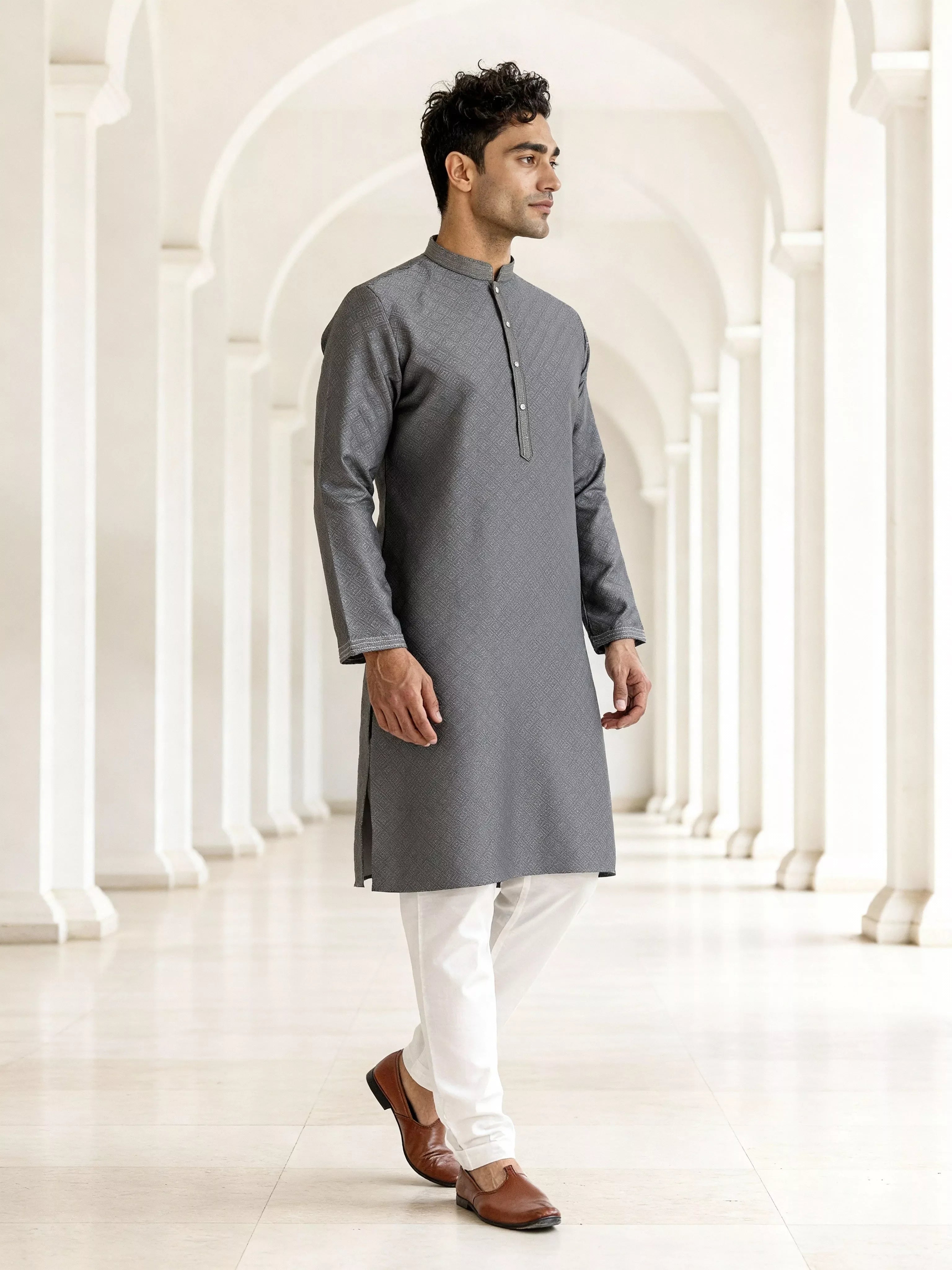 Image of Self Patterned Jacquard Kurta Pyjama Set for Men