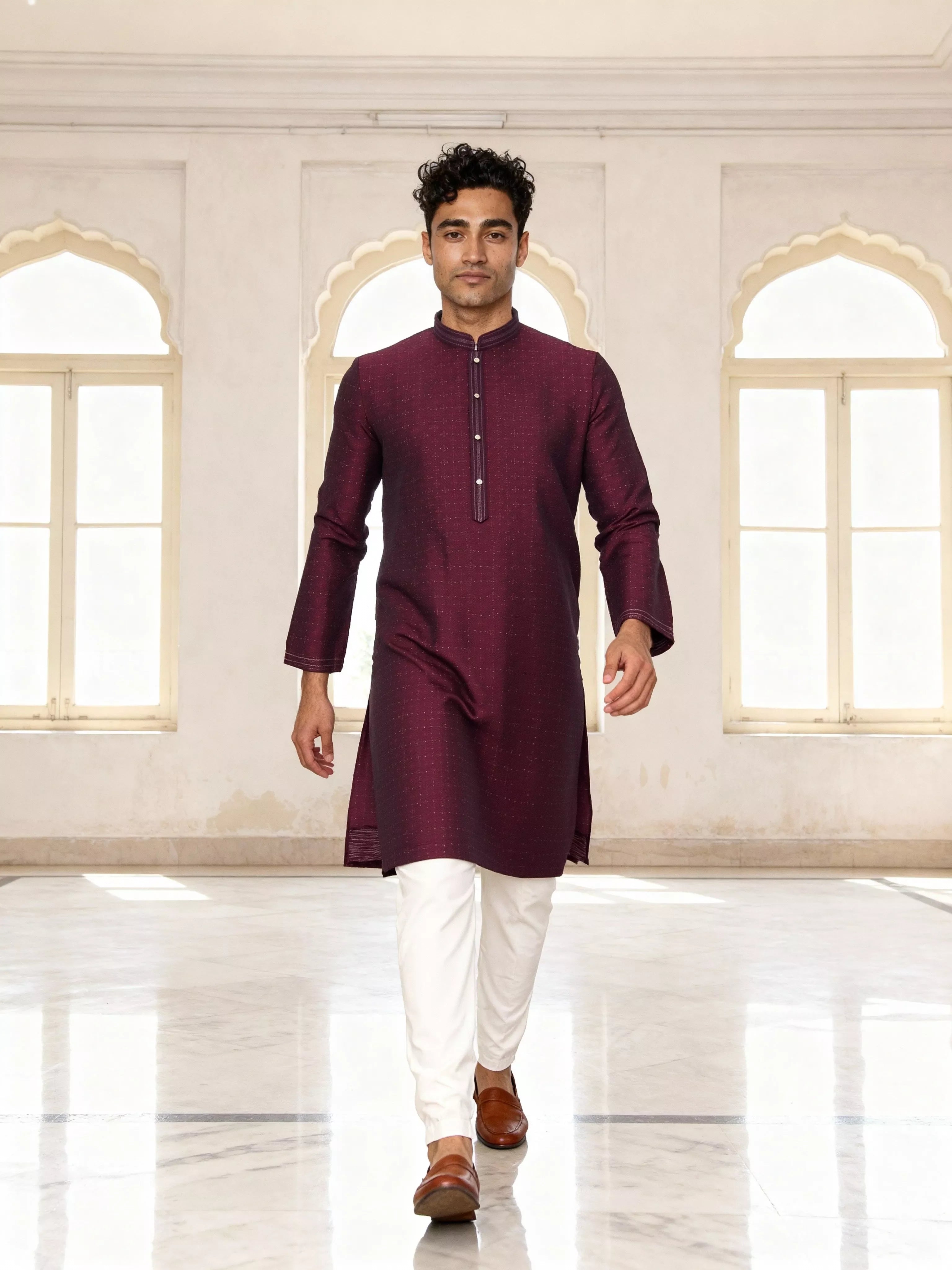 Self Patterned Jacquard Kurta Pyjama Set for Men